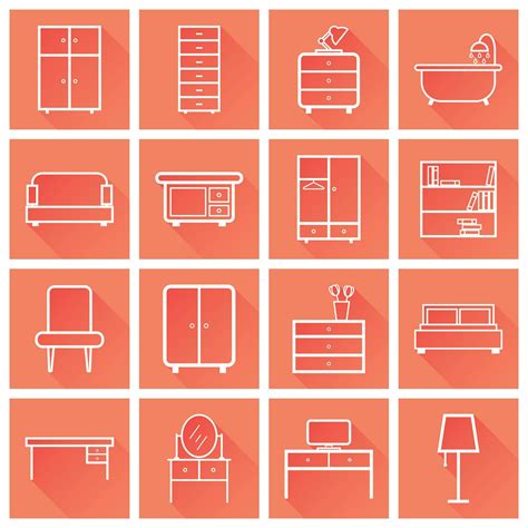 Furniture Icons Set Flat Vector Illustration With Long Shadow On