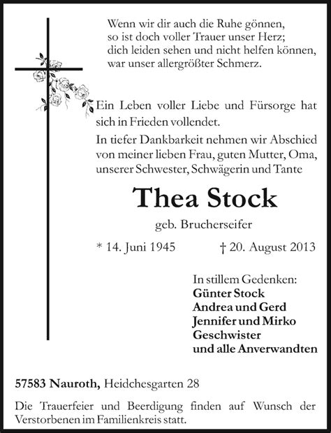 Traueranzeigen Von Thea Stock Rz Trauer De