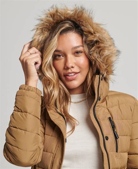 Womens Faux Fur Hooded Longline Light Padded Puffer Coat In Brown Superdry