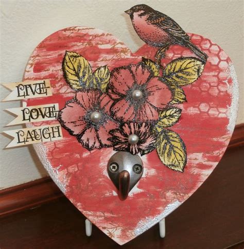 Wooden Heart Painted With Acrylic Paint Stamped Backgound With