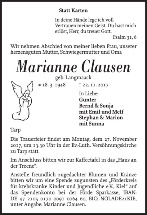 Traueranzeigen Von Marianne Clausen Sh Z Trauer