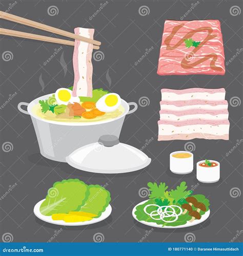 Set Of Traditional Japanese Food Hot Pot Shabu Shabu Sukiyaki With Vegetables Bacon Pork