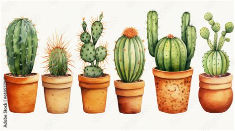 Watercolor Illustration Of Cacti In Terracotta Pots Isolated On White