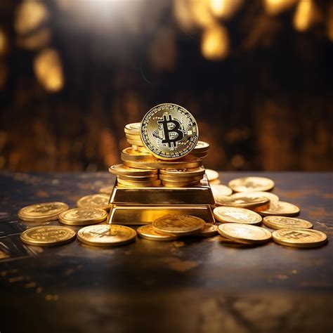 Premium Ai Image A Golden Bitcoin Sitting On Top Of Table A Stack Of