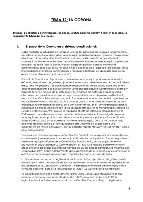 TEMA 12 Consti 2º Cuatri TEMA 12 LA CORONA Su papel en el sistema