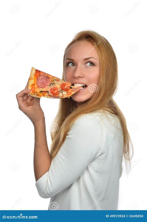 Happy Woman Enjoy Eating Slice Of Pepperoni Pizza With Tomatoes Stock