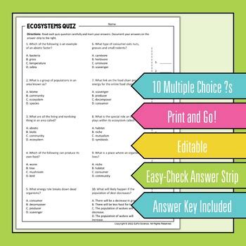 Ecosystems Quiz Editable Science Quiz By EzPz Science TPT