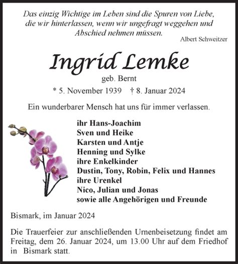 Traueranzeigen Von Ingrid Lemke Abschied Nehmen De