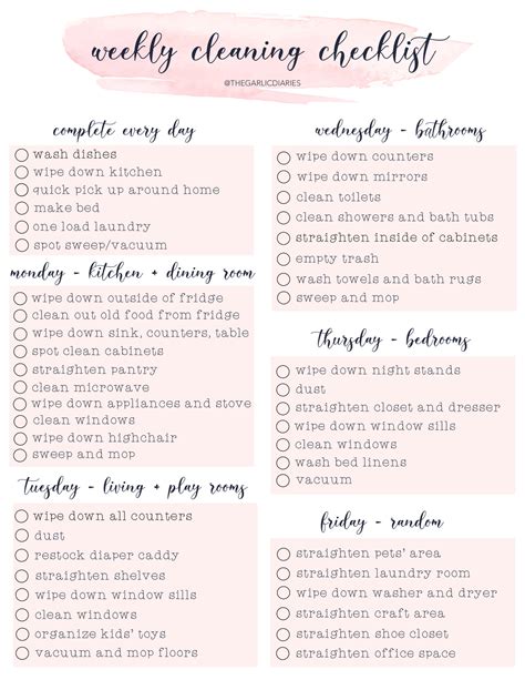 Weekly Cleaning Checklist Printable Helpful Gamily Tool Cut The Grime