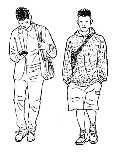 Premium Vector | Outline drawing of two casual modern young city men ...