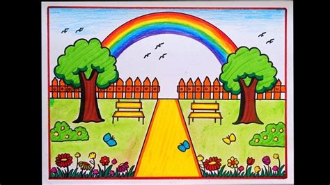 Easy Garden With Rainbow Scenery Drawing How To Draw Flower Garden