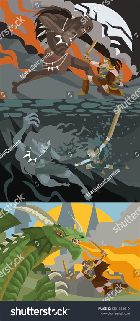 Beowulf Fighting Dragon Grendel Mother Ogre Stock Vector Royalty Free