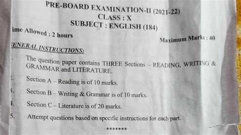 Cbse Pre Board Class English Question Paper Ll March Ll Pre