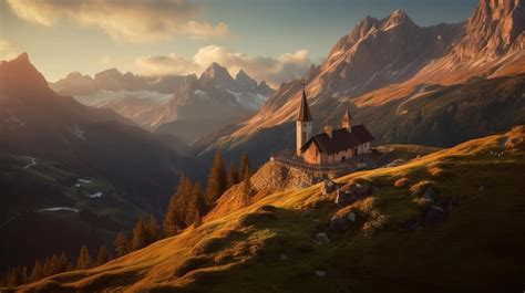 Premium AI Image | A church on a mountain with mountains in the background