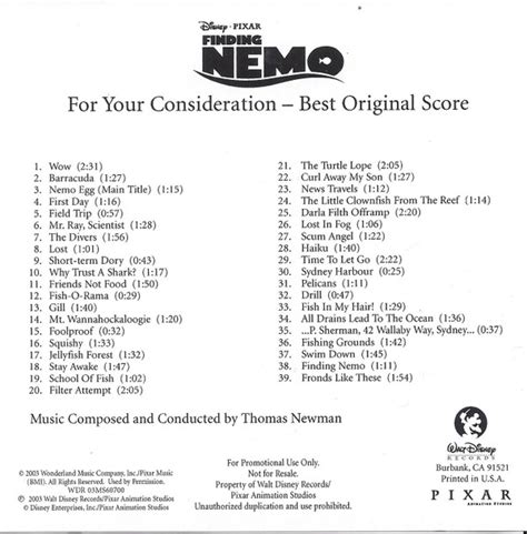 Thomas Newman Finding Nemo For Your Consideration Best Original Score Cdr Album Promo