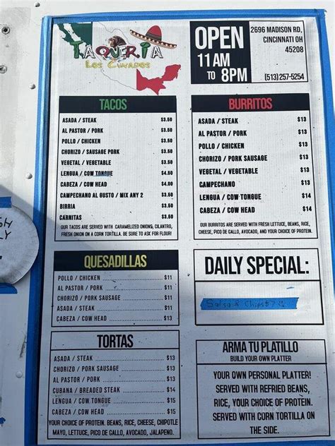 Menu of Taqueria Los Cunados in Cincinnati, OH 45209