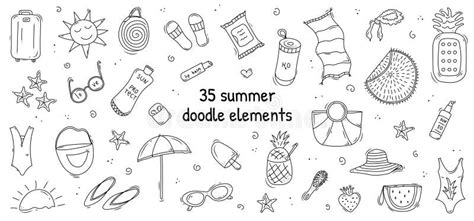 Doodle Set Of Cute Vector Summer Elements Bikini Luggage Slates Beach Towel Water Umbrella