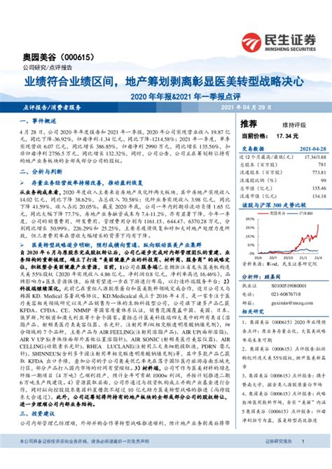 2020年年报and2021年一季报点评：业绩符合业绩区间，地产筹划剥离彰显医美转型战略决心