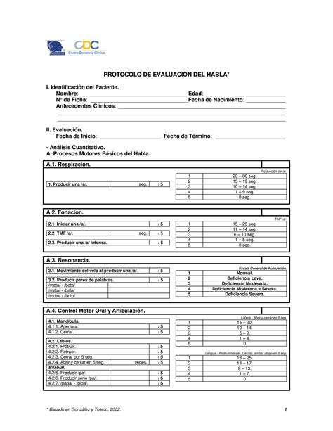 Protocolo Evaluacion Del Habla Toledo Y Gonzales Pprroottooccoolloo