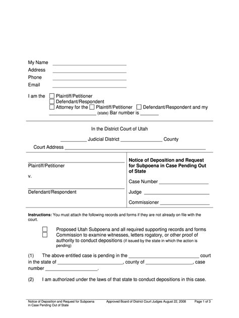 Form Ut Notice Of Deposition And Request For Subpoena In Case