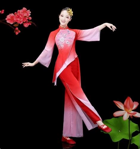 Red Chinese Folk Dance Costumes Classical dance costumes, female fan ...