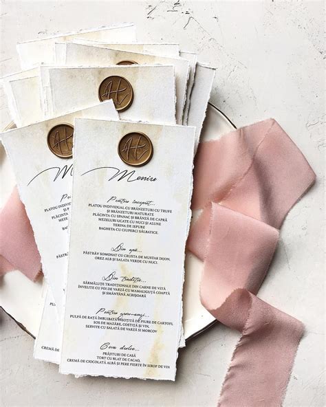 Deckled Edge Calligraphy Reception Menus With Custom Wax Seal