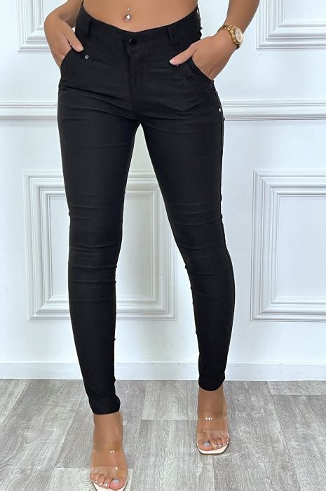 Pantalon Slim Noir En Stretch Taille Haute Poches