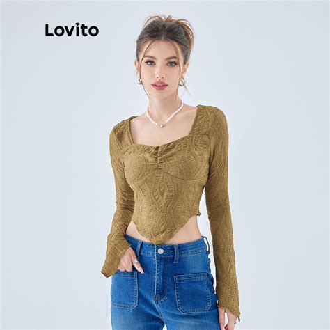 Lovito Vintage Plain Ruched Square Neck Long Sleeves Crop T Shirts For