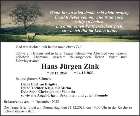 Traueranzeigen von Hans Jürgen Zink trauer in thueringen de