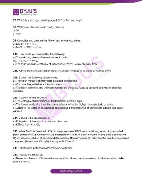 Class 12 Chemistry Worksheet On Chapter 8 The D And F Block Elements Set 2