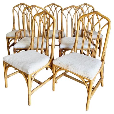 Boho Chic White Sculpted Bamboo Rattan Dining Chairs Set Of 4 For