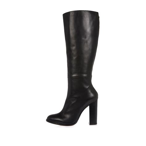 Lyst - River Island Black Leather Knee High Heeled Boots in Black