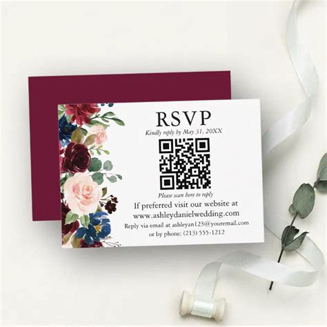 Watercolor Mixed Floral Burgundy QR RSVP Wedding Enclosure Card Zazzle