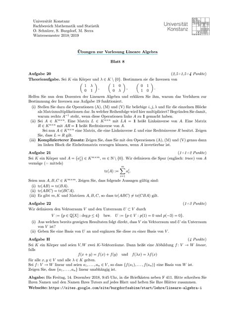 Übungen zur Vorlesung Lineare Algebra Blatt 8 Universität Konstanz