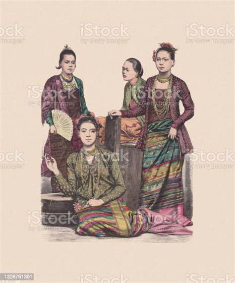 19th Century Asiian Costumes Myanmar Handcolored Wood Engraving