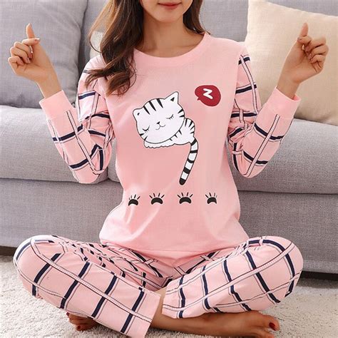 Fr Hling Nette Cartoon Katze Druck Pyjama Set Frauen Zwei St Ck Langarm