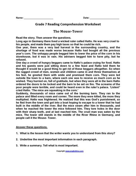 Mouse Tower Seventh Grade Reading Worksheets Reading Comprehension