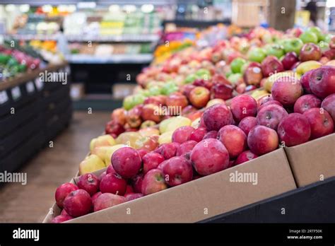 Various Type Of Fresh Fruits Arrange Neatly Grocery Store Fresh