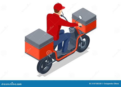 Isometric Red Delivery Motorcycle Delivery Man Riding A Red Scooter