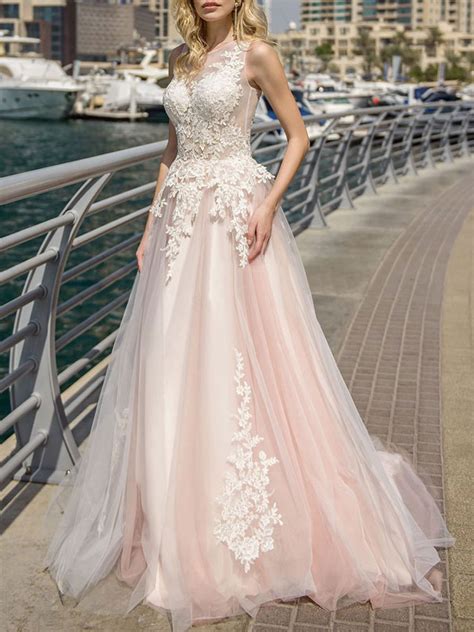 Wedding Dresses 2020 A Line Illusion Neck Lace Applique Soft Pink Tulle Bridal Gown With Court