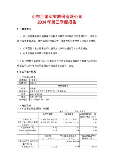 St江泉：江泉实业2004年第三季度报告