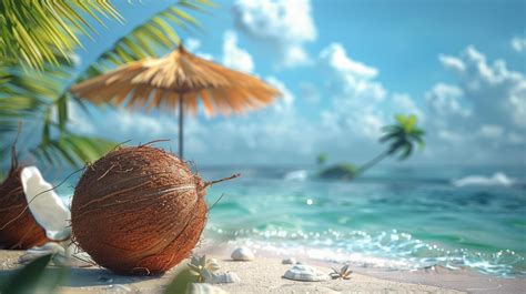 Two Coconuts on Beach With Umbrellas 45965917 Stock Photo at Vecteezy