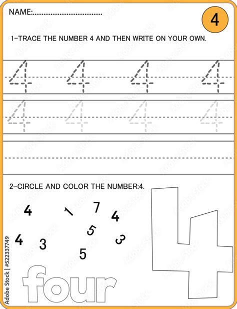 Tracing Numbers Activity Trace The Number 4 Educational Children Game