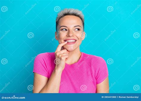 Photo Portrait Of Attractive Young Woman Bite Finger Look Empty Space Dressed Stylish Pink