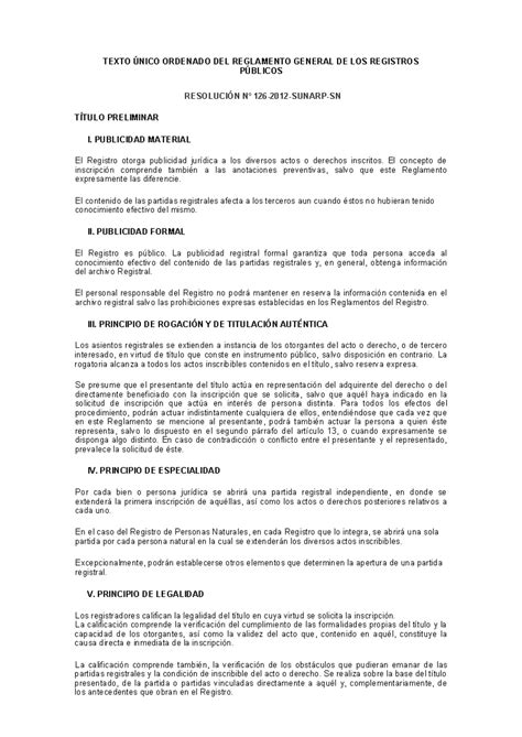 TUO DEL Reglamento General DE LOS Registros Públicos N°126-2012- Sunarp