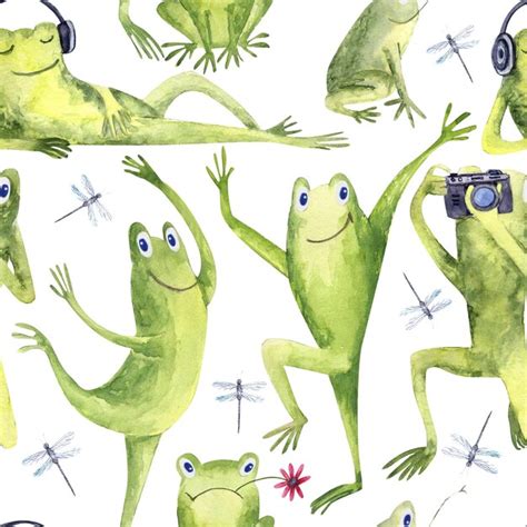 Premium Photo Watercolor Funny Frogs Seamless Patterns