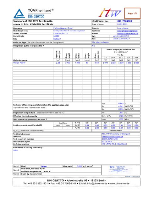 Fillable Online Annex To Solar Keymark Certificate Issued Summary Of En