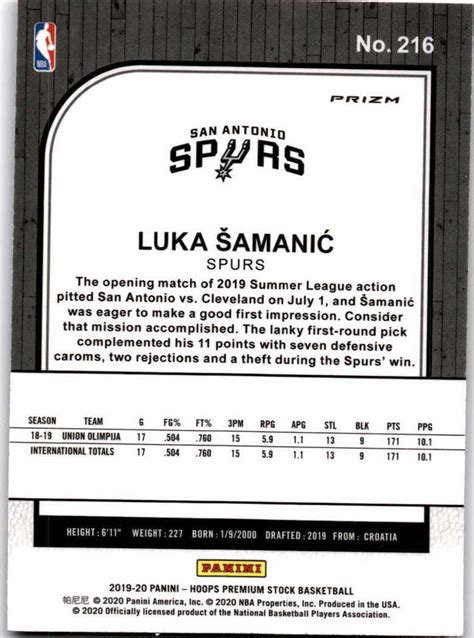 2019 Hoops Premium Stock Prizms Silver Luka Samanic 216 EBay