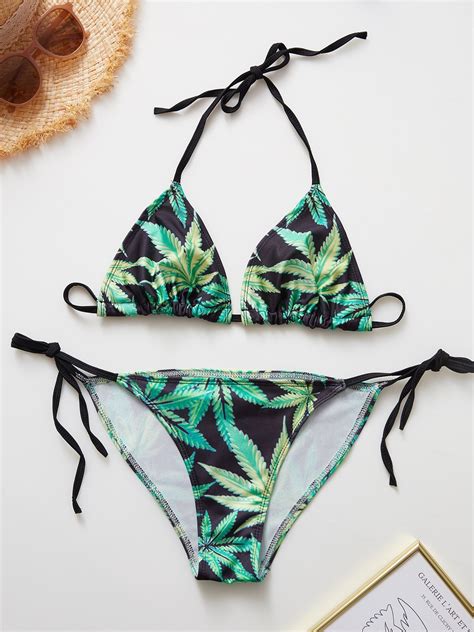 Emmiol Free Shipping Leaf Print Halter Bikini Set Green L In