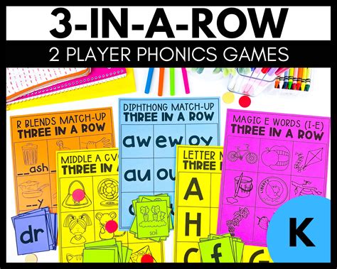 Phonics Games for Kindergarten Literacy Centers 3 in a Row Games - Etsy